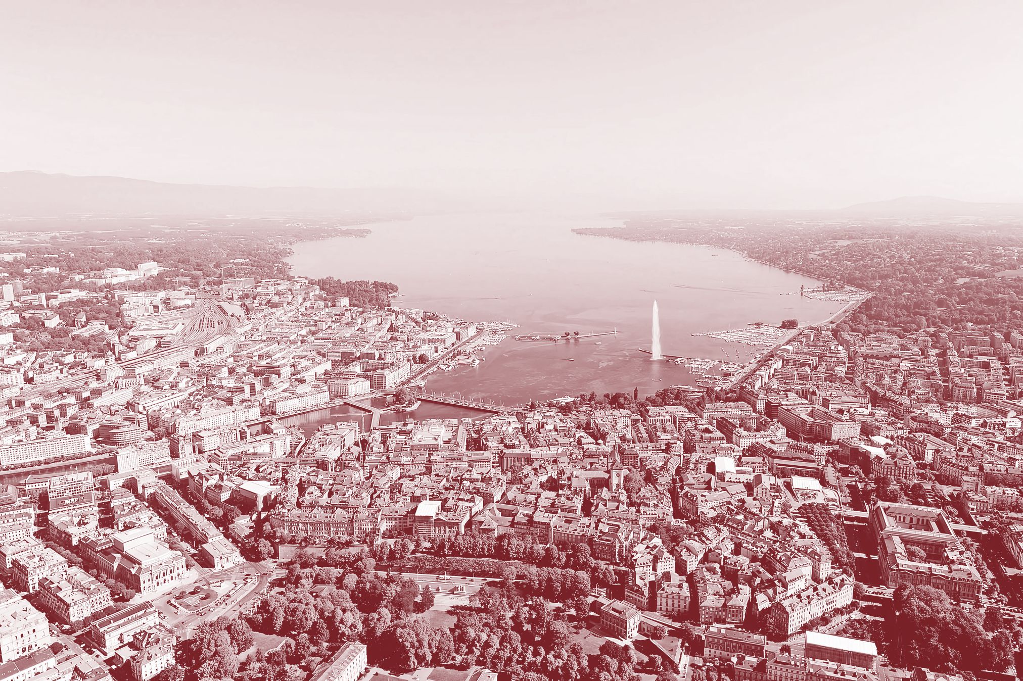 Vue aérienne de la rade de Genève et du lac Léman